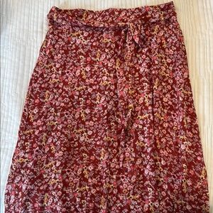 Floral Red Midi Skirt w/ Tie Front Detail